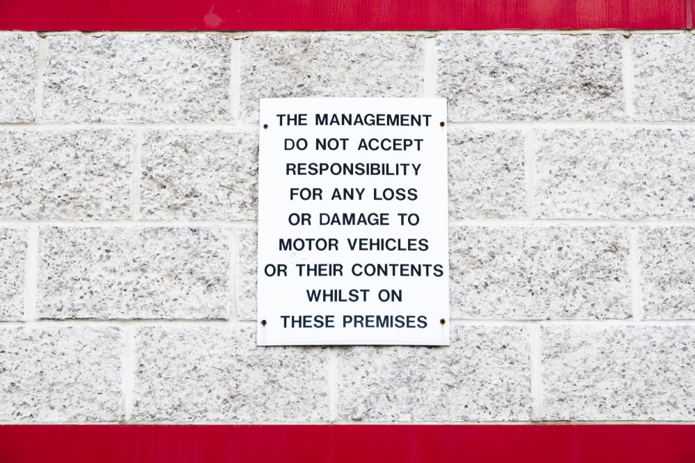 Management accept no responsibility for loss of contents or damage to motor vehicles sign